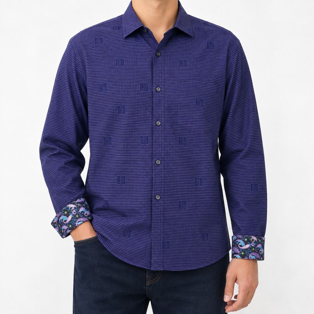 Marco Brunelli Shirt Mens Medium Purple Houndstooth Long Sleeve Button-Up